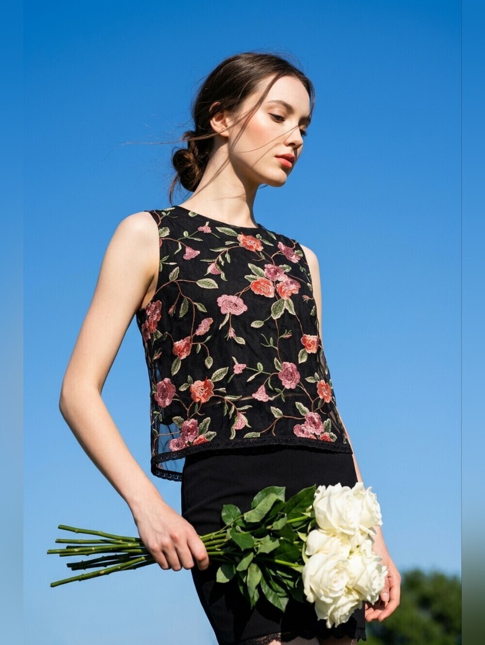 ICON Black Sheer Floral Embroidered Sleeveless Top